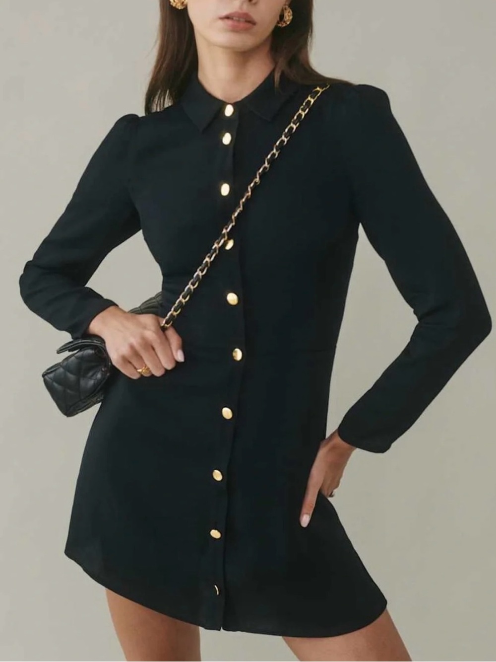 Reformation Hugh Long-Sleeve Button-Front Mini Dress